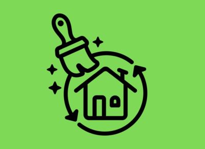 Haus mit grünem Hintergrund und einem Pinsel der das Haus reinigt
