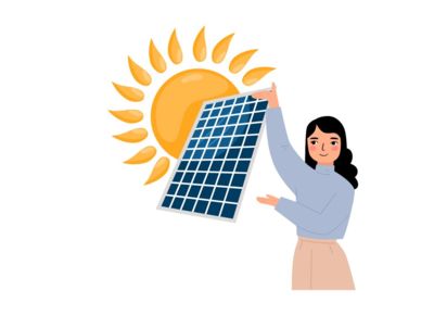 Eine Frau, die auf ein Sonnenpanel zeigt, auf dem die Sonne scheint.