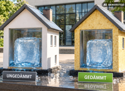 Zwei kleine Häuser mit Eisblöcken. Gedämmt und ungedämmt.
