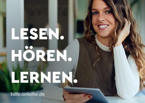 Frau vor einem Ipad und onleihe logo