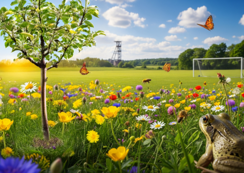 Blumenwiese mit Baum und Frosch