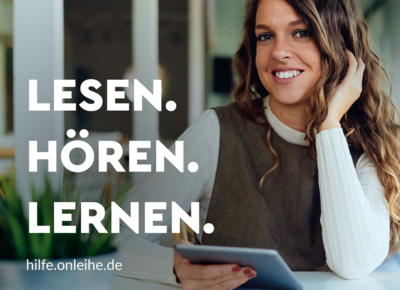 Frau vor einem Ipad und onleihe logo