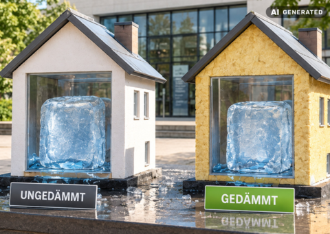 Zwei kleine Häuser mit Eisblöcken. Gedämmt und ungedämmt.